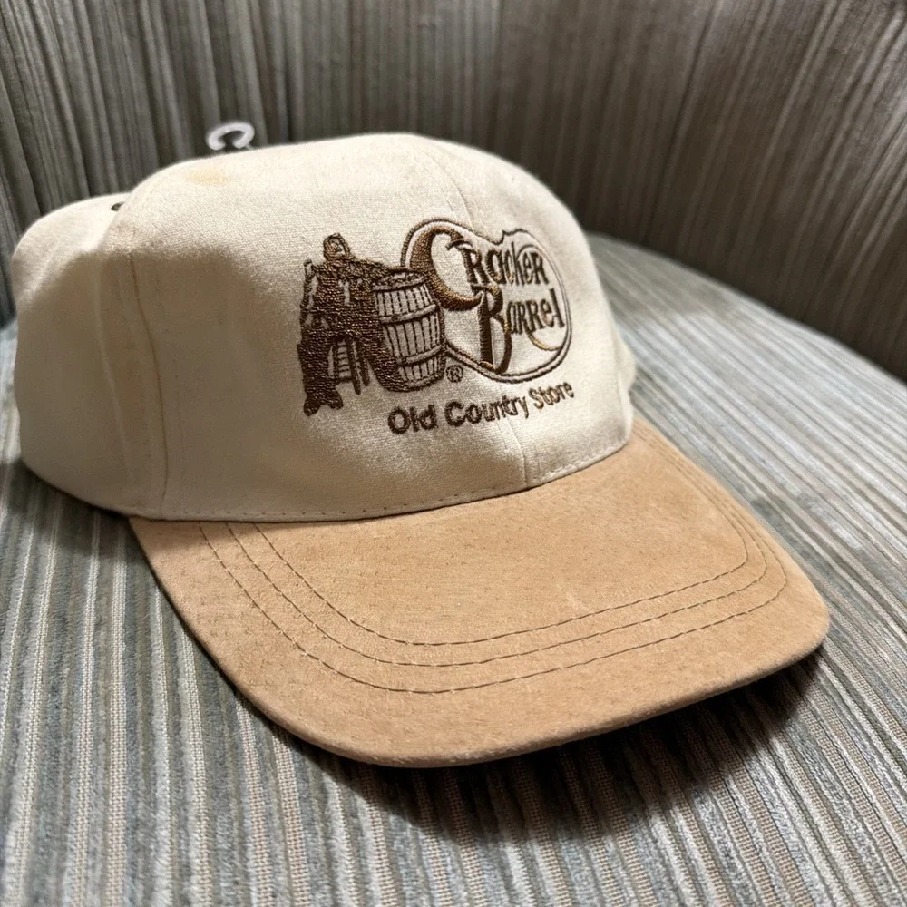 Cap Cracker Barrel Strapback Hat Baseball Lt Tan Leather Brim JJ Of Dallas VTG